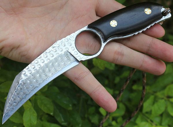 High End Damascus Karambit Claw Нож VG10 Damascus Стальной лезвие Full Tang Ebony Ручка Открытые тактические ножи с кожаной оболочкой