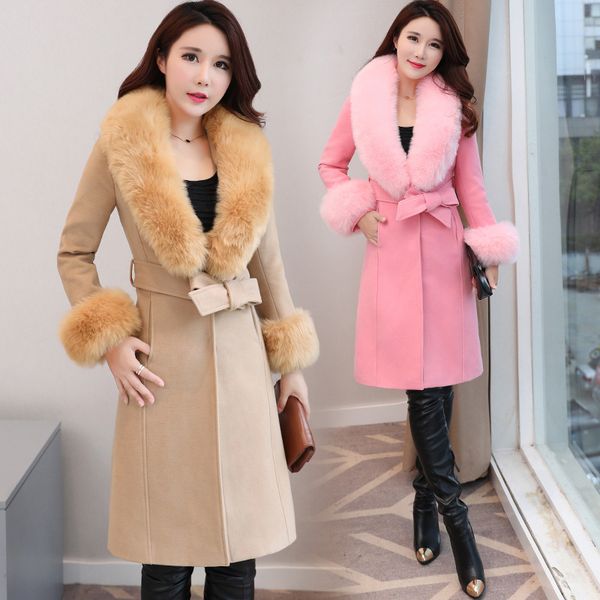 

woolen coat winter coat women korean version of the self-cultivation large fur collar jackets female faux fur coats, Black