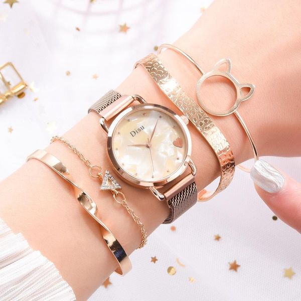 

women watches ladies watch quartz alloy mesh belt five-piece combination product set female clock, Slivery;brown