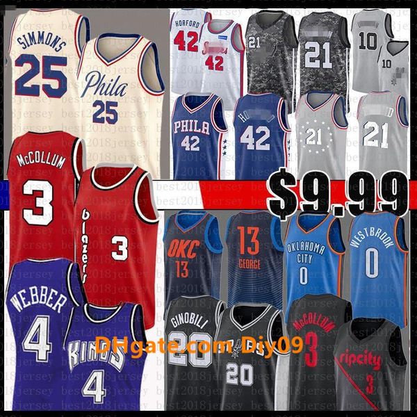 

joel ben embiid simmons cj al mccollum jersey horford paul russell george westbrook tim demar manu duncan chris ginobili derozan webber, Black;red