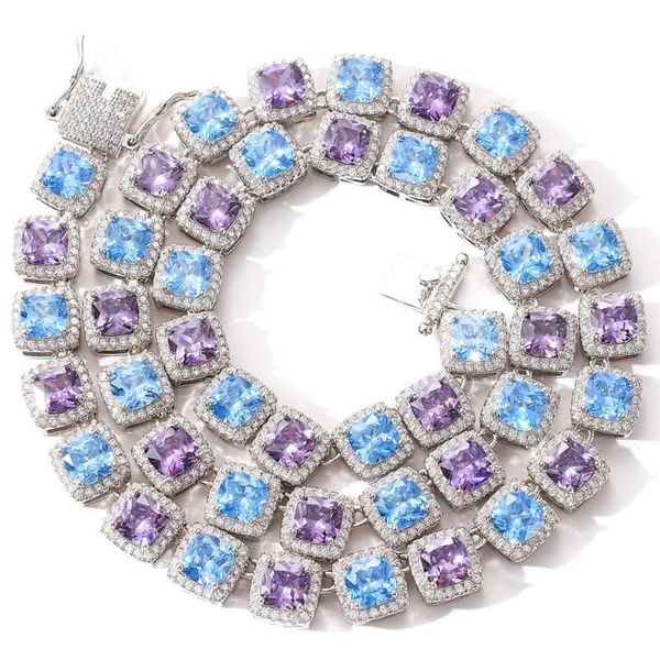 

new square zircon necklace colorful pendant bling bling hip hop jewelry blue purple color charms chokers copper necklace, Golden;silver
