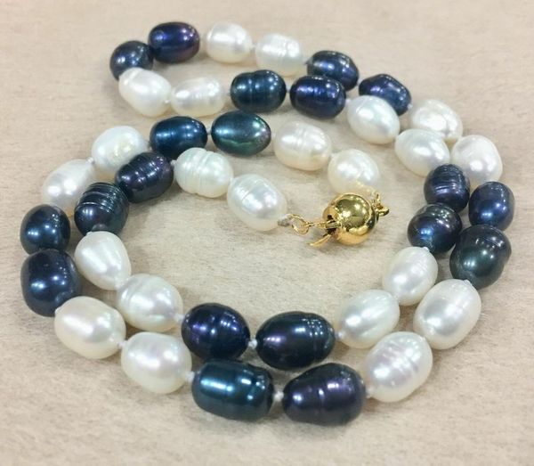 

chains natural 9-10mm tahitian rice black pearl+ white pearl necklace 18", Silver