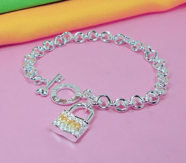 

new personality gold lock bracelet women simple 100% 925 sterling silver hand catenary fashion brand jewelry01, Golden;silver