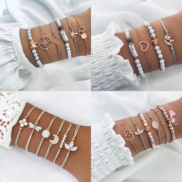 

boho charm bracelets vintage ethnic flamingo tassel dragonfly louts compass elephant turtle mix beads bracelet for women jewelry, Golden;silver