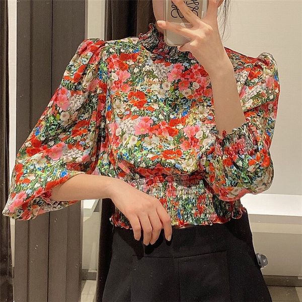 

stylish floral print draped crop blouses fashion long sleeve elastic design female shirts blusas streetwear women's chic, White