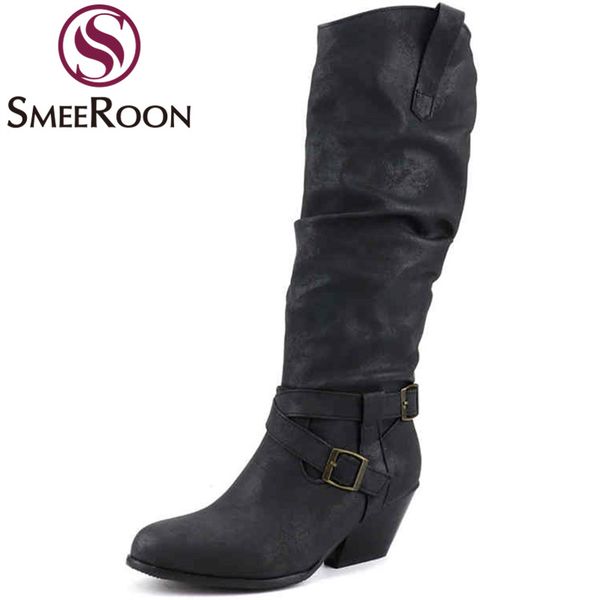 

boots smeeroon big size 34-43 fashion knee high women round toe slip on autumn winter buckle wedges heels ldies, Black