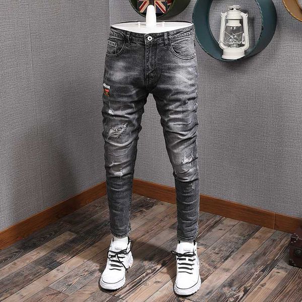 

fashion streetwear men jeans gray color elastic slim fit ripped jeans men printed designer denim pants hip hop homme, Blue