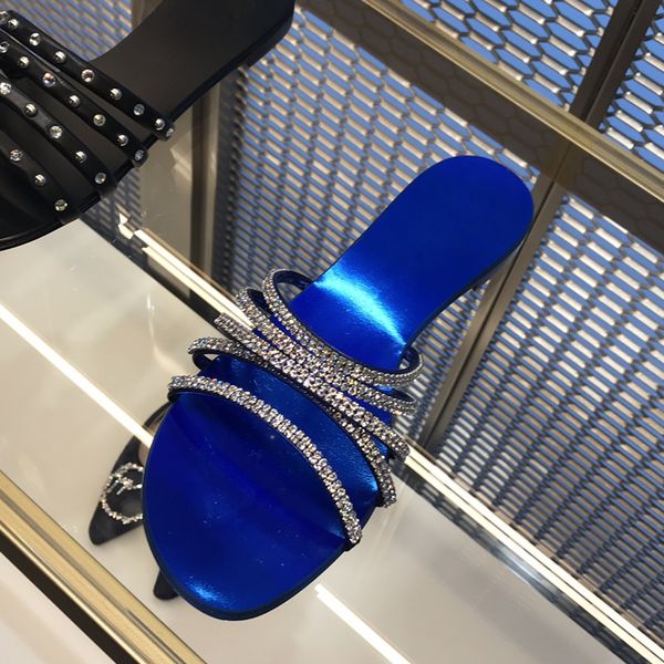 

blue gold silver black metal chain embellished lady open toe slipper summer beach crystal slides shoes leisure woman flats shoes