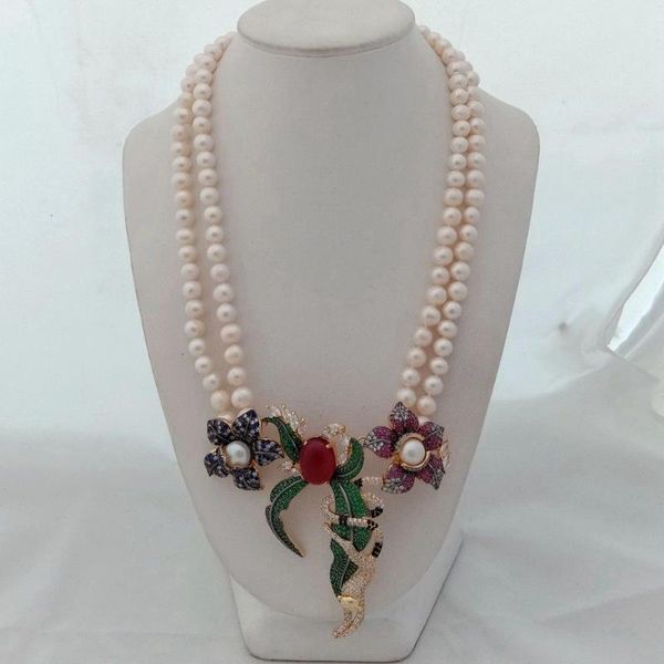 

new 2strands 8-9mm white freshwater pearl micro inlay zircon buckle flower accessories necklace long 45-48cm, Silver