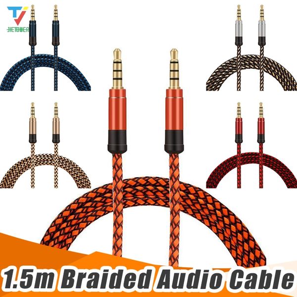 

unbroken metal nylon round braiede audio cable 1.5m 3.5mm male stereo auxiliary aux extension for mobile phone mp3 speaker tablet pc
