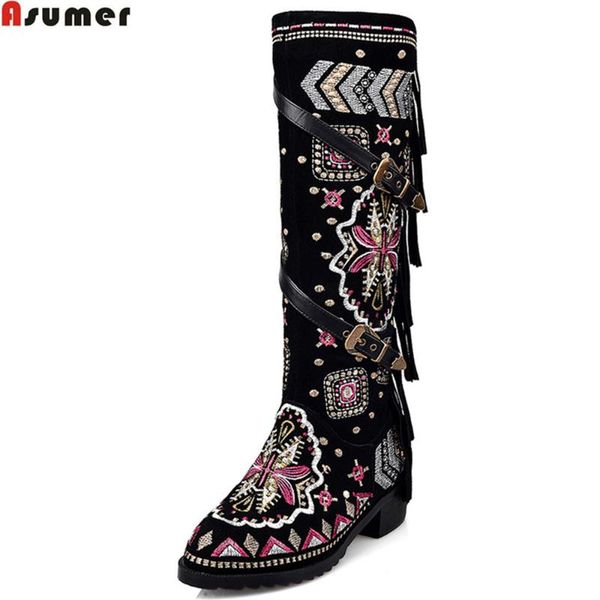 

asumer моды женщин сапоги круглый носок квадратный каблук коровы замши дамы сапоги молния раунд пряжки колено высокие носок бахрома, Black