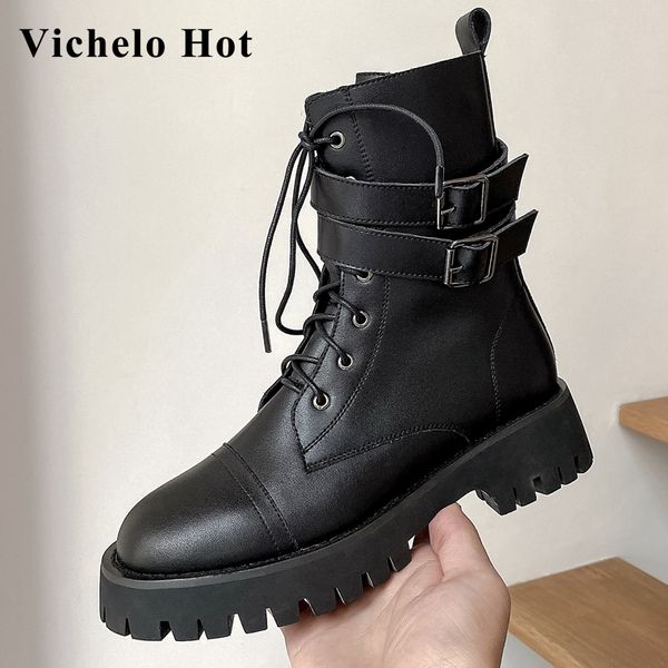 

vichelo cow leather winter shoes women cross-tied motorcycle boots handsome young lady streetwear fashion mid-calf boots l00, Black