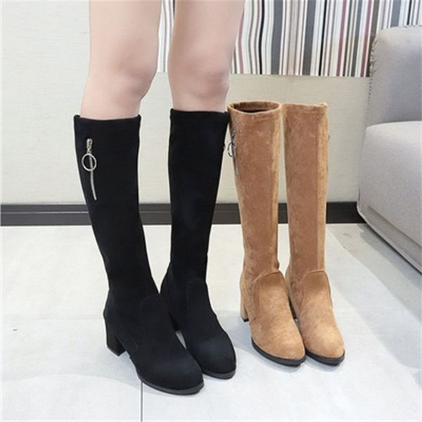 

2020 autumn women boots fashion flock knee high boots square high heel zipper long comfortable round toe woman shoes black