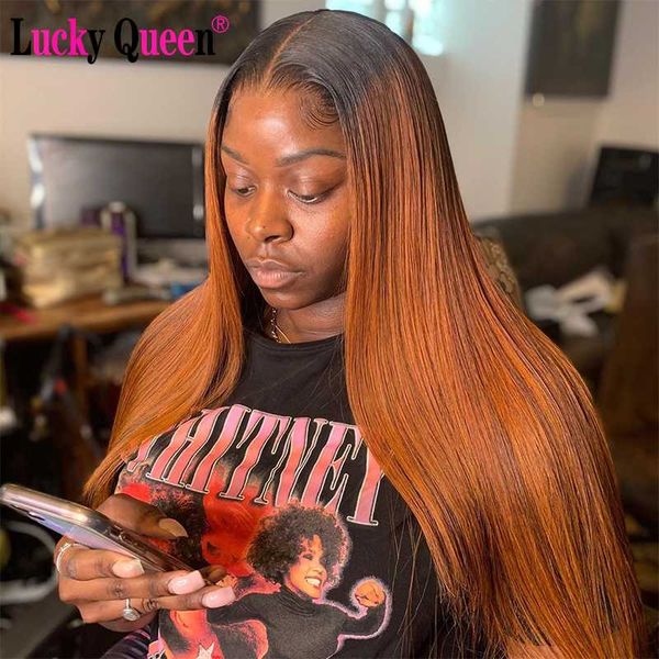 

lucky queen transparent lace t1b/30 colored lace front wigs brazilian straight human hair wigs pre plucked for black women, Black;brown