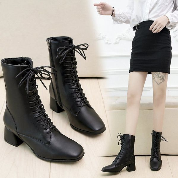 

перекрестная привязал мода зрелые женщины zipper boots теленок середина площади toe винтаж зима boots med квадратным каблуком плюс размер об, Black