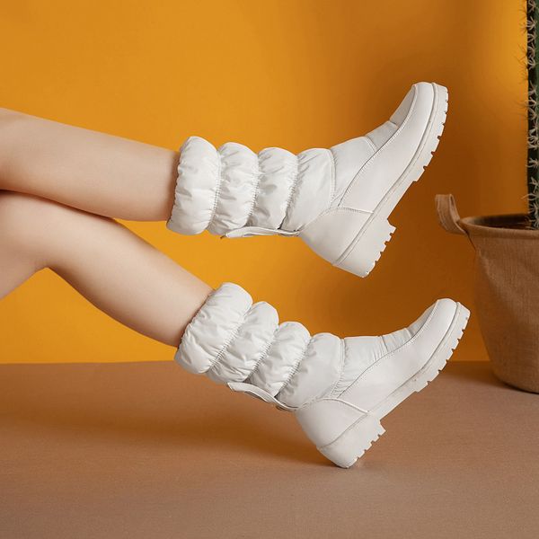 

ymechic plus size mid long boot sewing pleated block heels down cotton red white warm plush womens shoes cartoon cute snow boots, Black