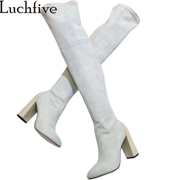 

woman over the knee knight boots suede stretch sock boots 10.5cm chunky high heel ankle winter thigh high slim woman, Black