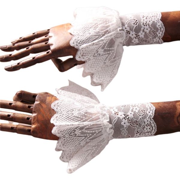

women lotus leaf fake sleeve floral lace pleated ruffles horn cuffs wrist warmer, Blue;gray