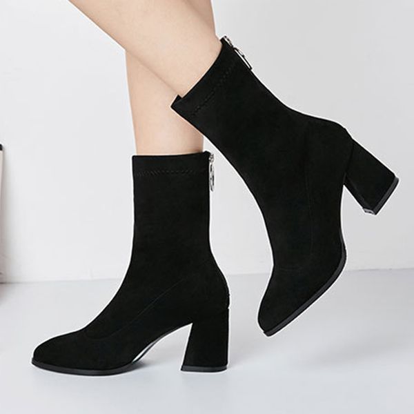 

new short boots women autumn and winter thin elastic sock boots plus velvet thick heel pointed high heel mid tube ladies, Black
