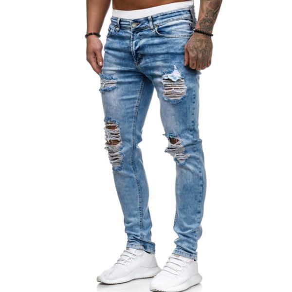 

men's jeans men fashion pencil pants denim slim fit leggings ripped solid color casual, Blue