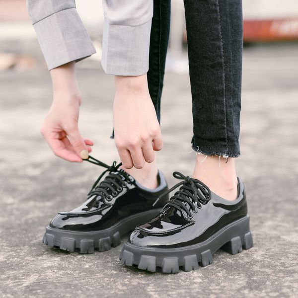 

autumn new women's retro small leather shoes fashion british style women's thick-soled non-slip increased platform shoes w250, Black