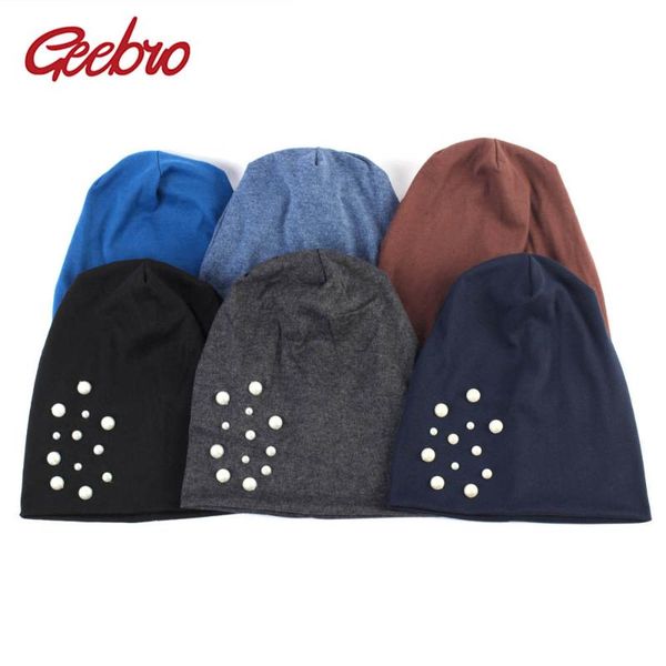 

geebro women's beanie hat autumn casual pearl slouchy beanies hat for women cotton balavaca skullies for female dq833a, Blue;gray