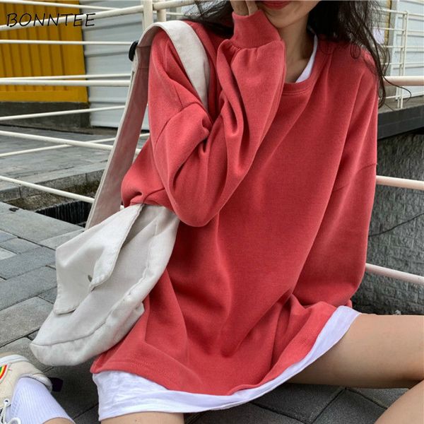 

hoodies women fake two pieces solid harajuku simple student loose bf couples all-match crew neck spring ins oversize chic, Black