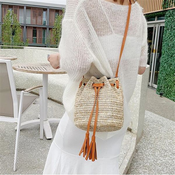 

retro drawstring bucket bag handbag summer new women tassel portable slung shoulder bag