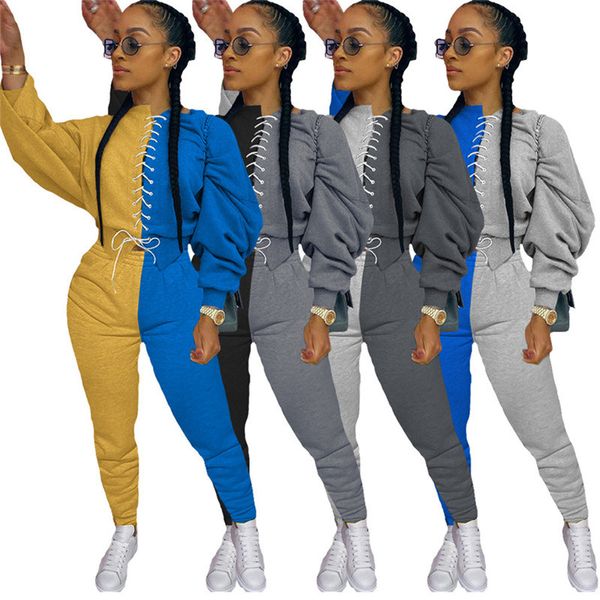 

плюс размер женщин tracksuit лоскутная с длинным рукавом свитера топы брюки леггинсы два шт набор эпикировка осень зима повседневный спортив, Gray