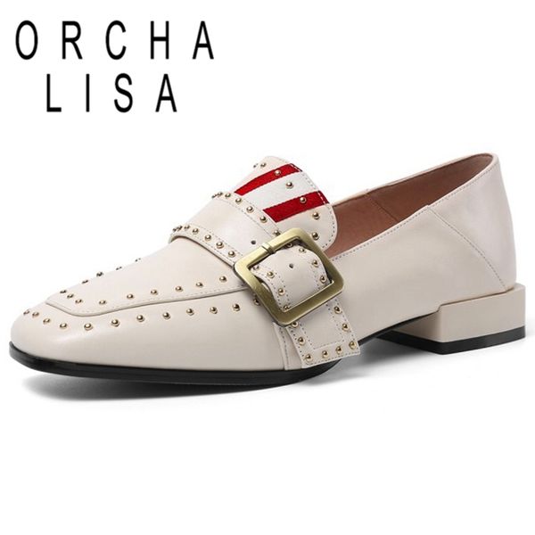 

orcha lisa female lazy flats shoes square toe square heels genuine leather slip on buckle rivets big size 33-40 punk date c1855, Black