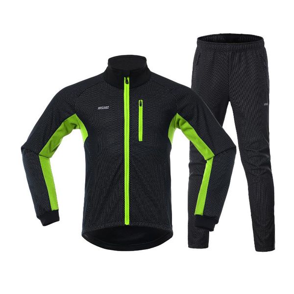 

outdoor men's cycling clothing set long sleeve windproof bicycle jersey with pants winter cycling running sports jacket pants, Black;blue