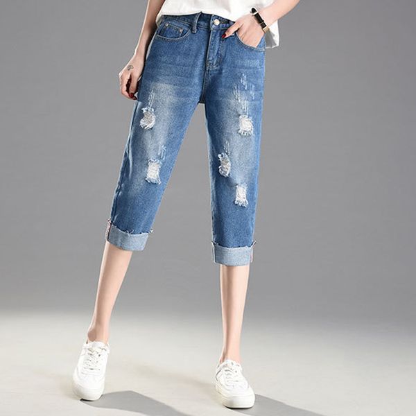 

women's jeans breeches female denim pants plus size 5xlripped hole straight calf length cropped boyfriends women, Blue