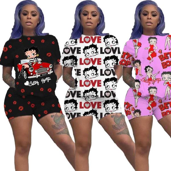 

lounge wear two pieces set women t shirt biker shorts set summer clothes for women 2020 cartoon print matching sets, Gray