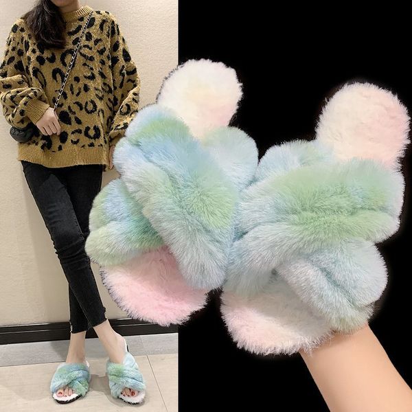 

cross plush slippers women autumn and winter new fashion internet red colorful plush one-line slippers home indoor floor cotton slippers, Black