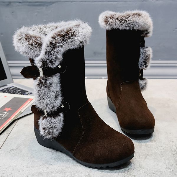 

winter 2020 women snow boots fur boots mid-calf fur wedges platform shoes woman fashion casual slip-on warm women shoes, Black