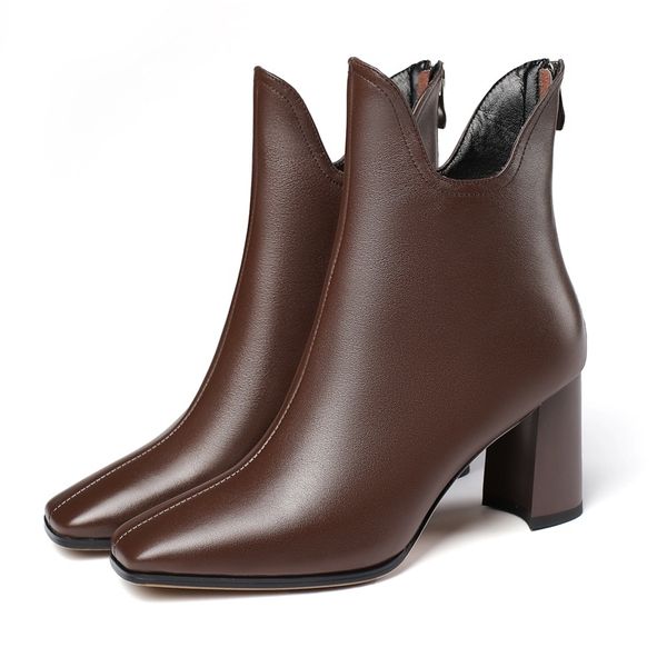 

new fashion genuine leather thick high heels ankle boots for women brand autumn winter women short boots high heel shoes, Black