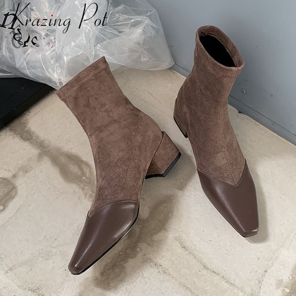 

krazing pot comfortable cow leather square heel solid concise winter shoes slip on fashion dress preppy style ankle boots l97, Black