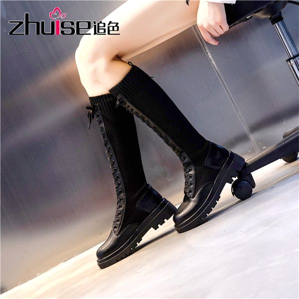 

children's boots autumn new 2020 winter british style leather long tube over the knee socks high stretch platform women's shoes, Black