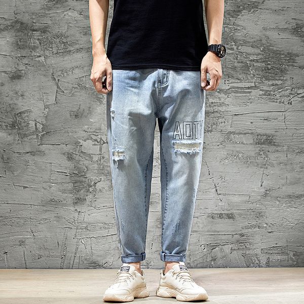 

and autumn period and the han edition loose bunch of men, stretch jeans, leisure nine feet hole harlan men's trousers, Blue