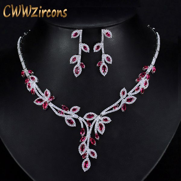 

cwwzircons luxury dangling drop rose red cubic zirconia party jewery nigerian african big wedding necklace sets for brides t245, Silver