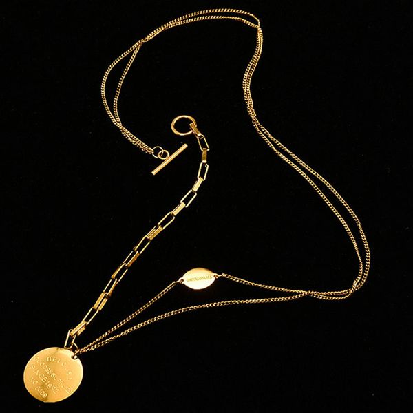 

chokers fashion boho double layer choker necklace steel vintage gold color round coin medal multi-layered long chain women jewelry, Golden;silver