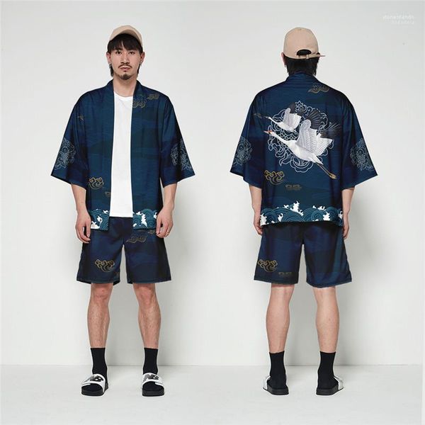 

plus size 2pcs mens sets summer printed mens kimono clothing v neck cardigan loose tang suit, Gray