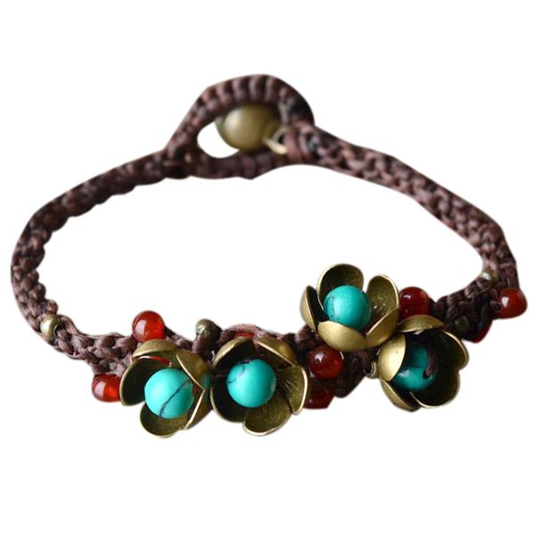 

red hand-woven bracelet ethnic style original flower vintage jewelry, Golden;silver