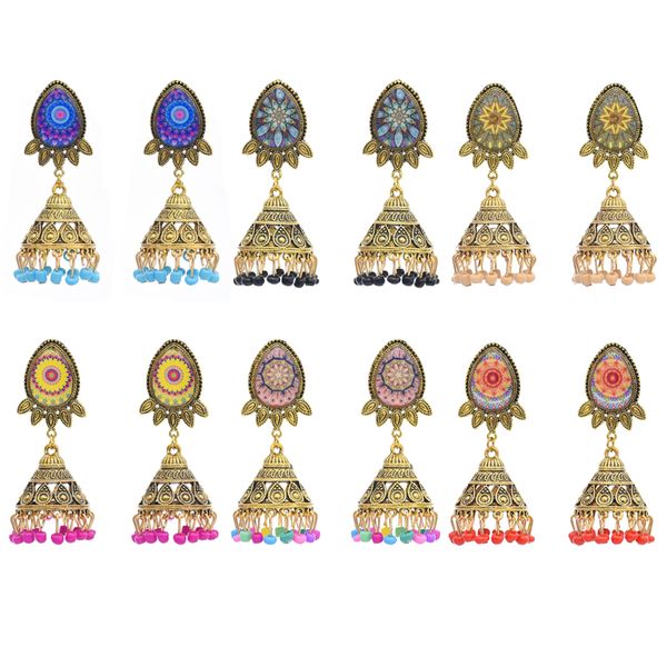 

ethnic geometric turkish festival hollow out jhumka earrings for women jewelry flower gold bell tassel dangling earrings, Silver