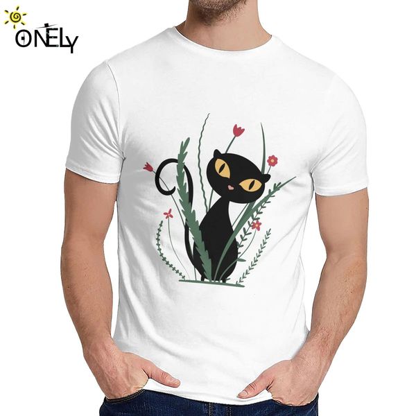 

classic round neck black cat with botanical leaves flowers t shirt vintage for men comfortable tee wholesale