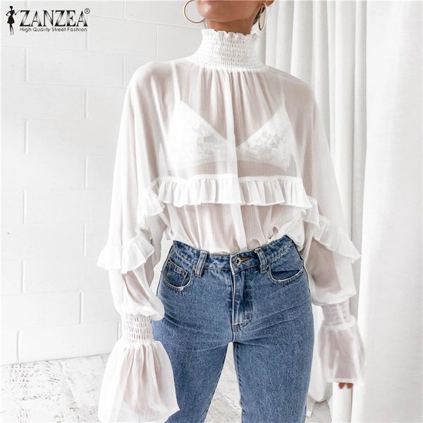 

zanzea 2020 women blouses elegant solid lace summer see-through casual turtleneck long flare sleeve ruffle shirts, White