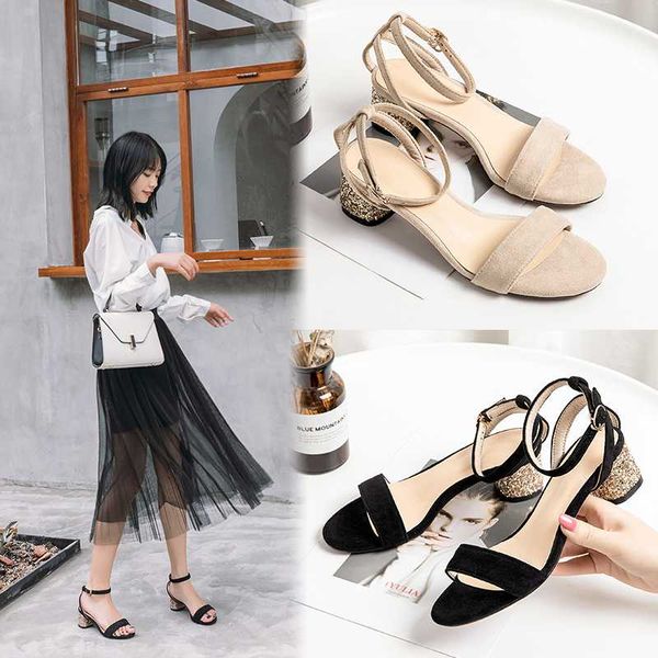 

2020 summer sandals women pumps thick high heel open toe buckle hollow out simple office ladies shoes sandals sapato feminino, Black