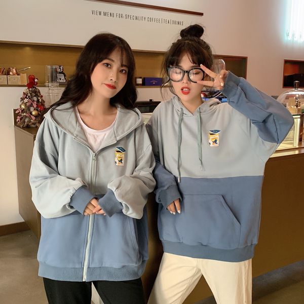 

cotton 2020 new autumn and winter korean style color matching girlfriends cartoon print loose hooded coat sweater coatsweater zipper coat fo, Black