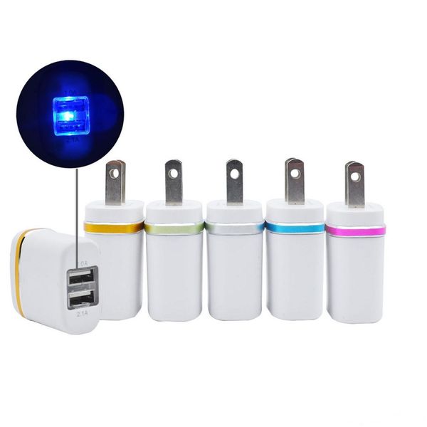 

2020 new led light metal edge dual usb wall charger adapter 5v 2.1a us/eu plug ic smart usb charger home ac adapter in stock