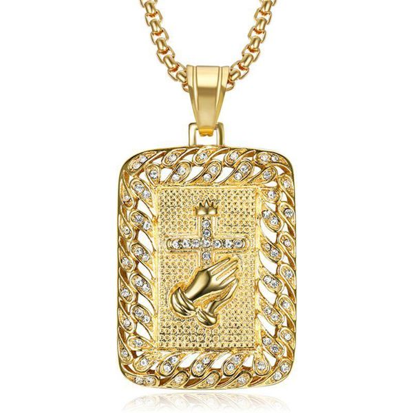 

stainless steel hip hop cross hand bless pendant necklace zircon crystal cross dog tag necklaces jewelry gift for him with chain, Silver